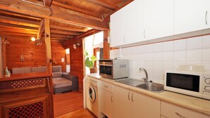 Une cuisine compacte équipée d’un lave-linge, d’un four à micro-ondes et d’un évier.