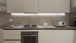 Une cuisine moderne équipée d’un four encastré, d’une cuisinière à gaz et d’un évier en acier inoxydable.