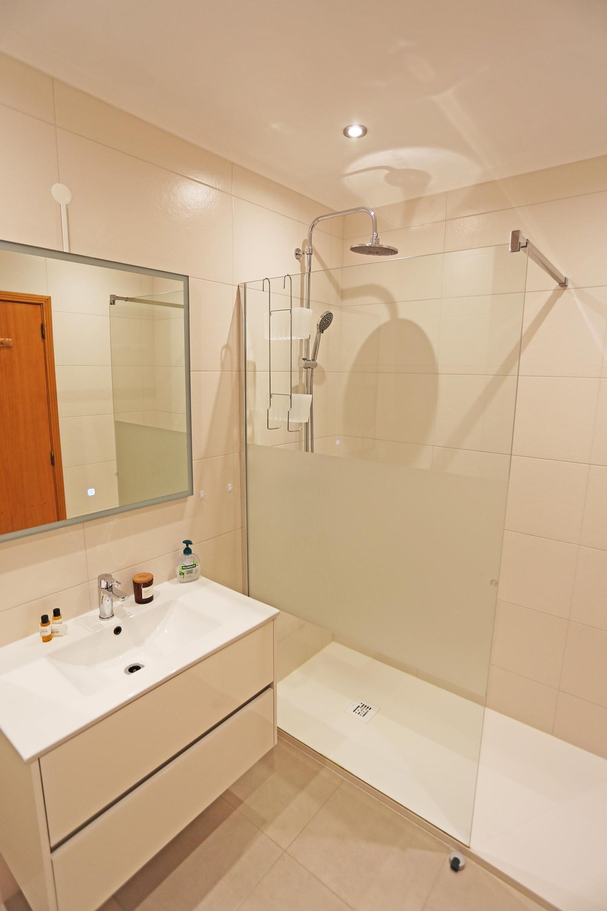 Une salle de bain moderne avec une douche à parois de verre, un lavabo blanc avec un miroir et une porte en bois.