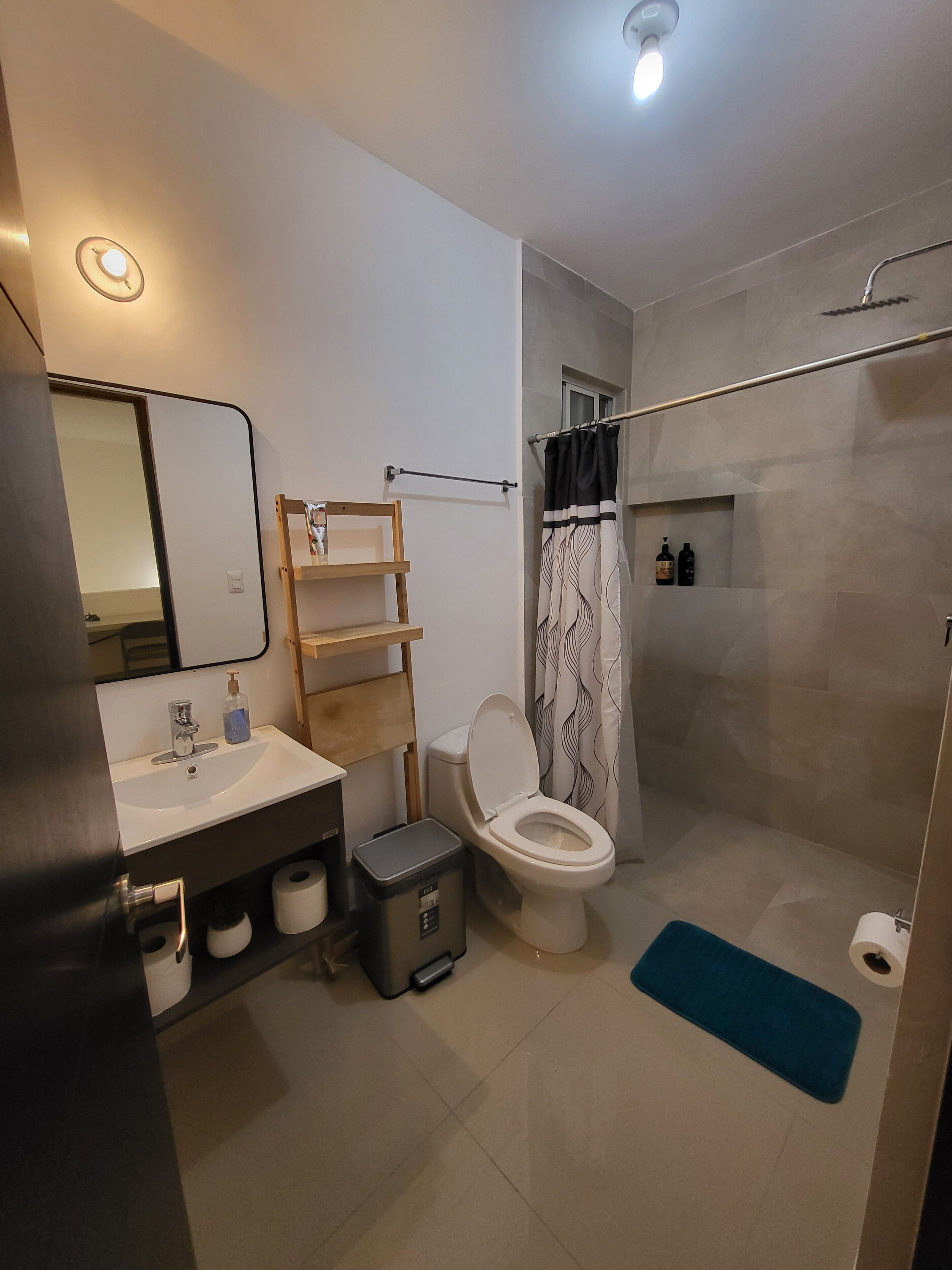 Hair dryer, towels, soap, toilet paper