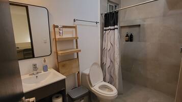 Hair dryer, towels, soap, toilet paper