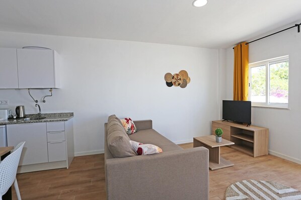 A modern living room with a sofa, a TV on a wooden stand, a small table, and a kitchen area with cabinets and a sink.