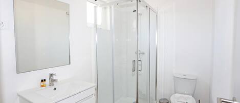 A modern bathroom with a glass shower enclosure, a white sink with a mirror above it, and a toilet.