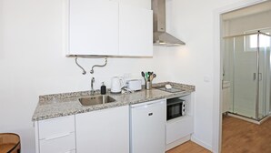 A compact kitchen with white cabinets, a granite countertop, a stainless steel sink, a coffee maker, and a glass-enclosed shower. - X 09 - 1 Bed Apartment in Quinta da Ponte (Lagos)