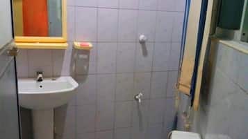 Un bagno piccolo con un lavandino, un water e una doccia bianchi.