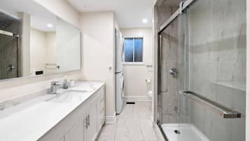 Eco-friendly toiletries, hair dryer, towels, soap