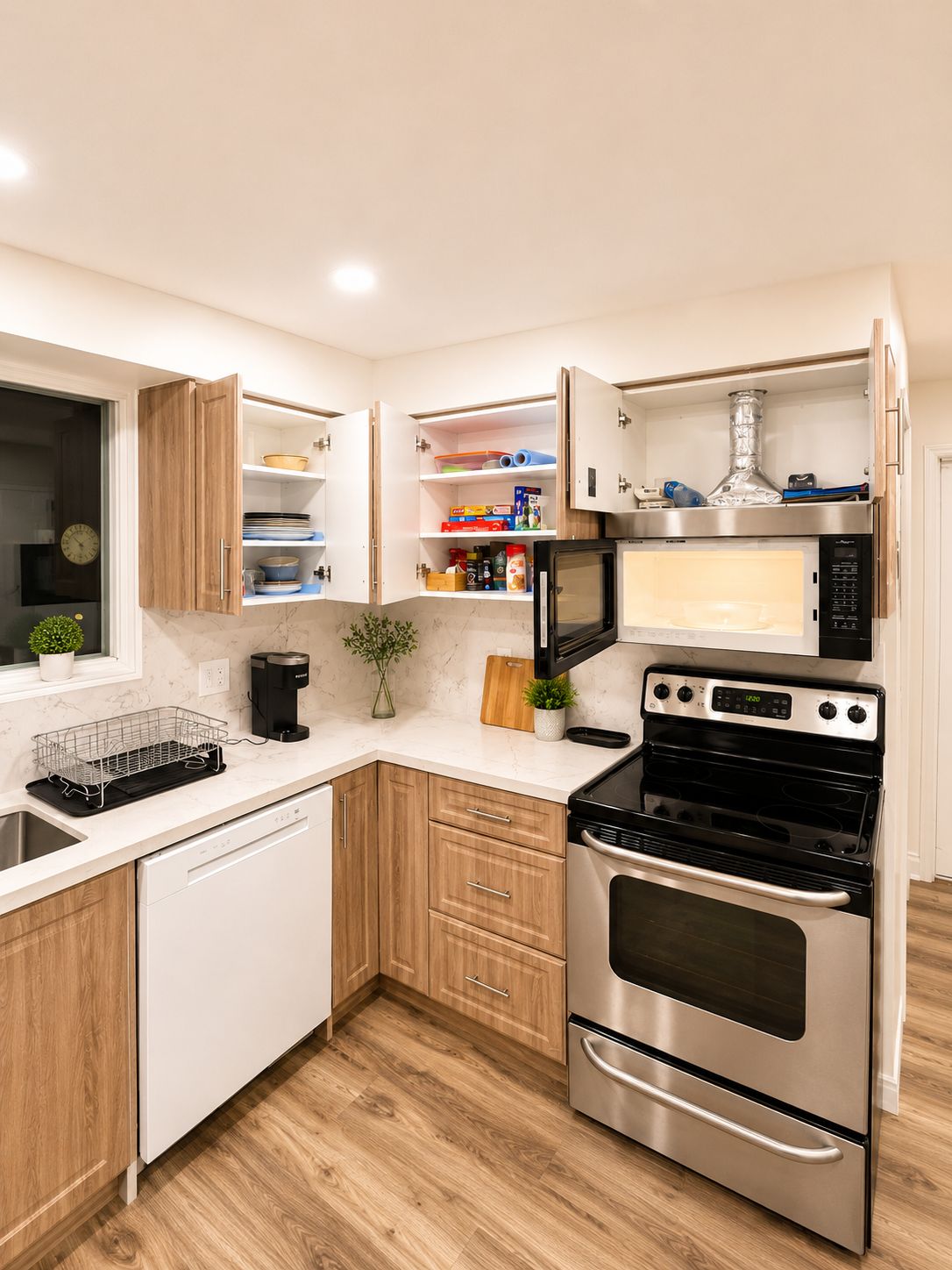 A modern kitchen with a dishwasher, oven, microwave, and wooden cabinets.