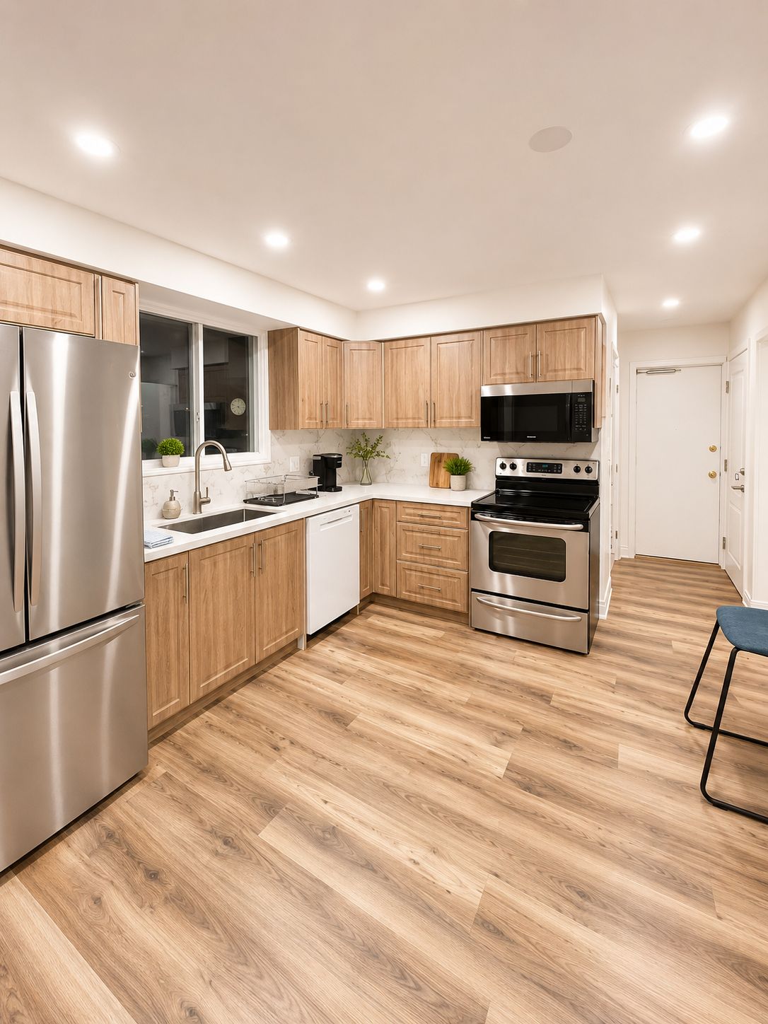 Une cuisine moderne avec des meubles en bois, des appareils électroménagers en acier inoxydable et un pare-feu en marbre.