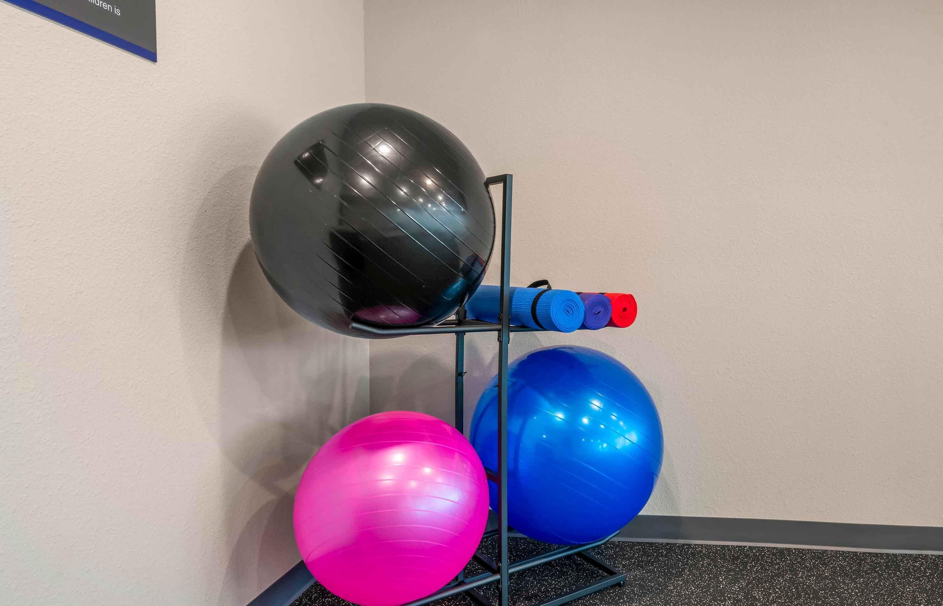 A wall-mounted exercise equipment with a black, pink, and blue exercise ball, and a red and blue resistance band.