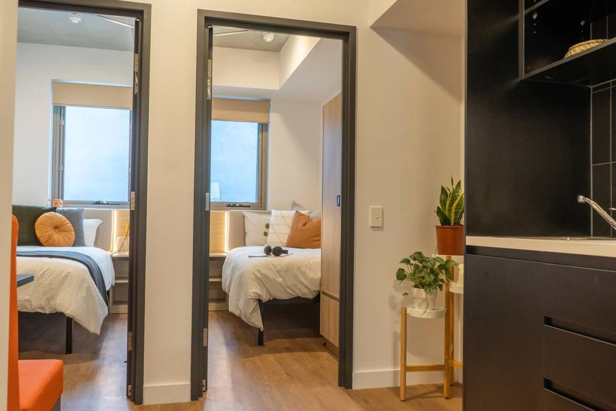 A modern hotel room with two beds, a small seating area, a potted plant, and a view of the city.
