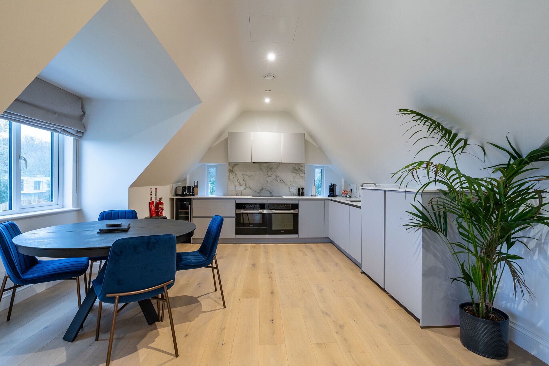 A modern kitchen with a dining area, featuring a round table, blue chairs, and a potted plant.