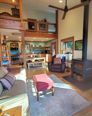 Smart TV, lareira, DVD player, livros