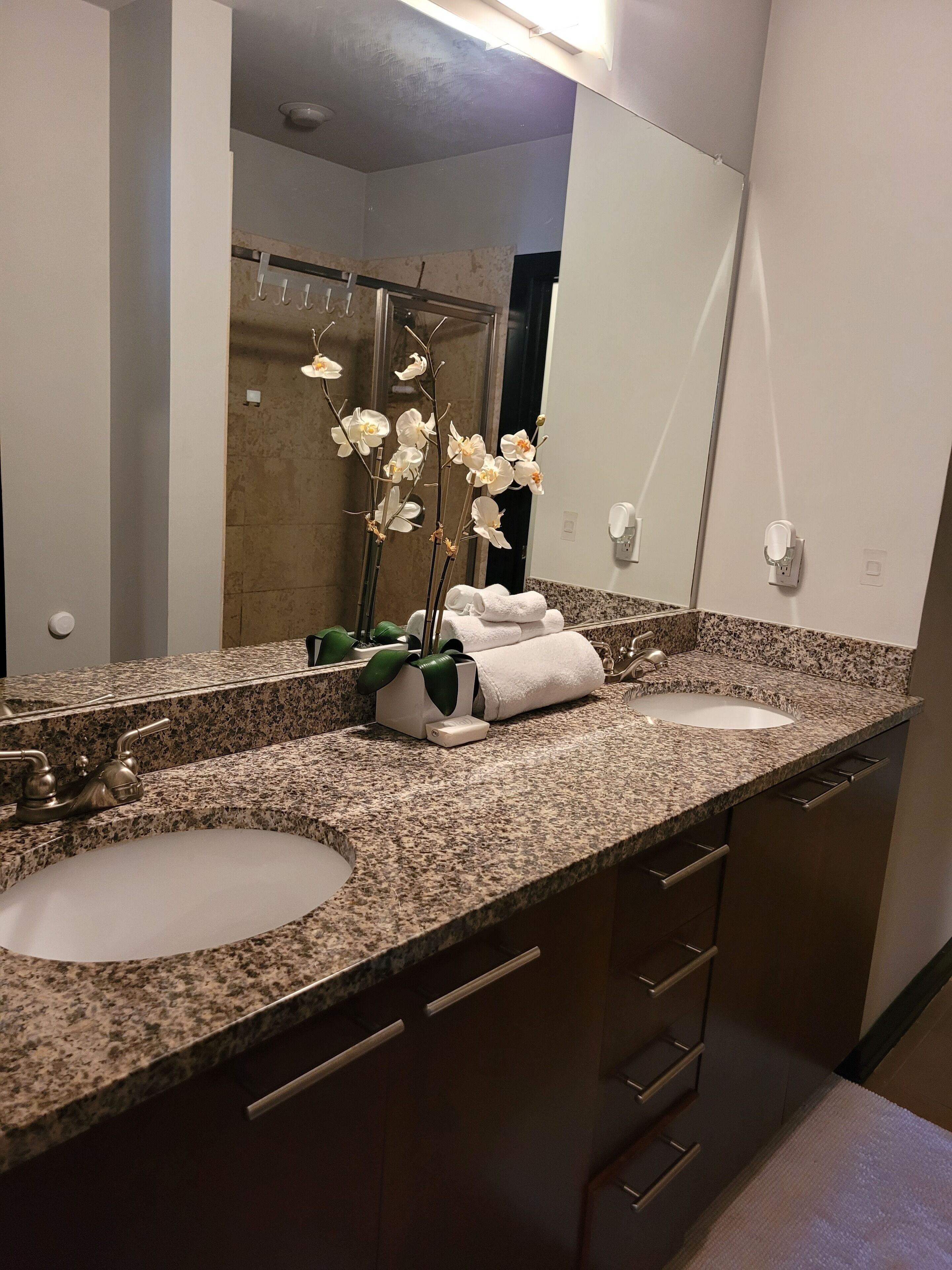 Une salle de bain avec deux lavabos, un grand miroir et un porte-serviettes avec des serviettes pliées.