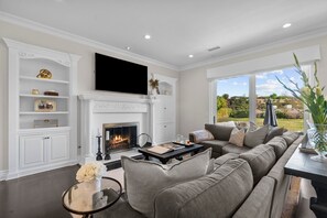 Smart TV, fireplace, DVD player, stereo