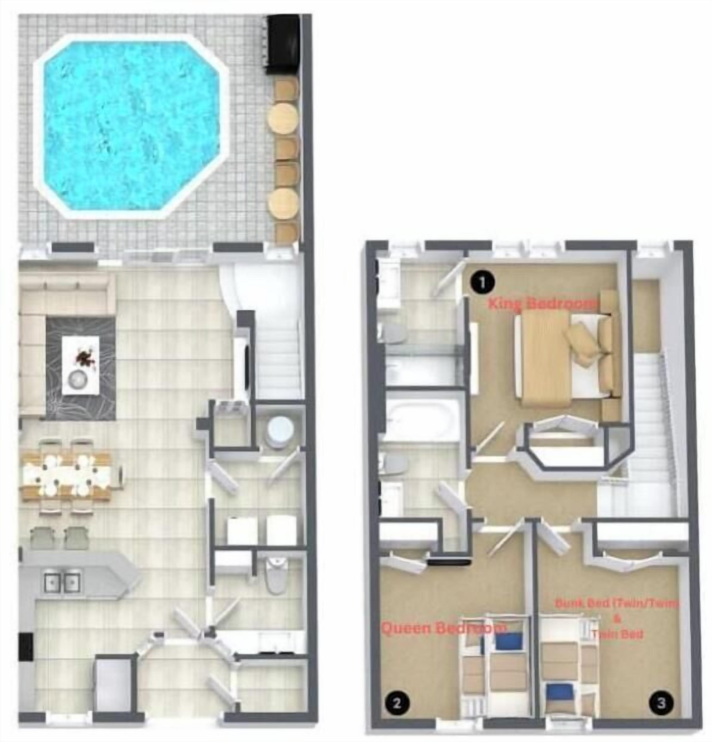 A hotel layout with a swimming pool, a dining area, and three bedrooms labeled King, Queen, and Twin/Twin/Twin.
