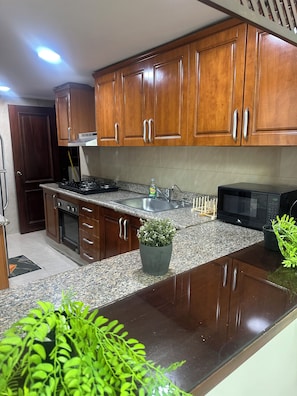 Une cuisine avec des meubles en bois, un plan de travail en granit, une cuisinière, un four à micro-ondes et une plante en pot.