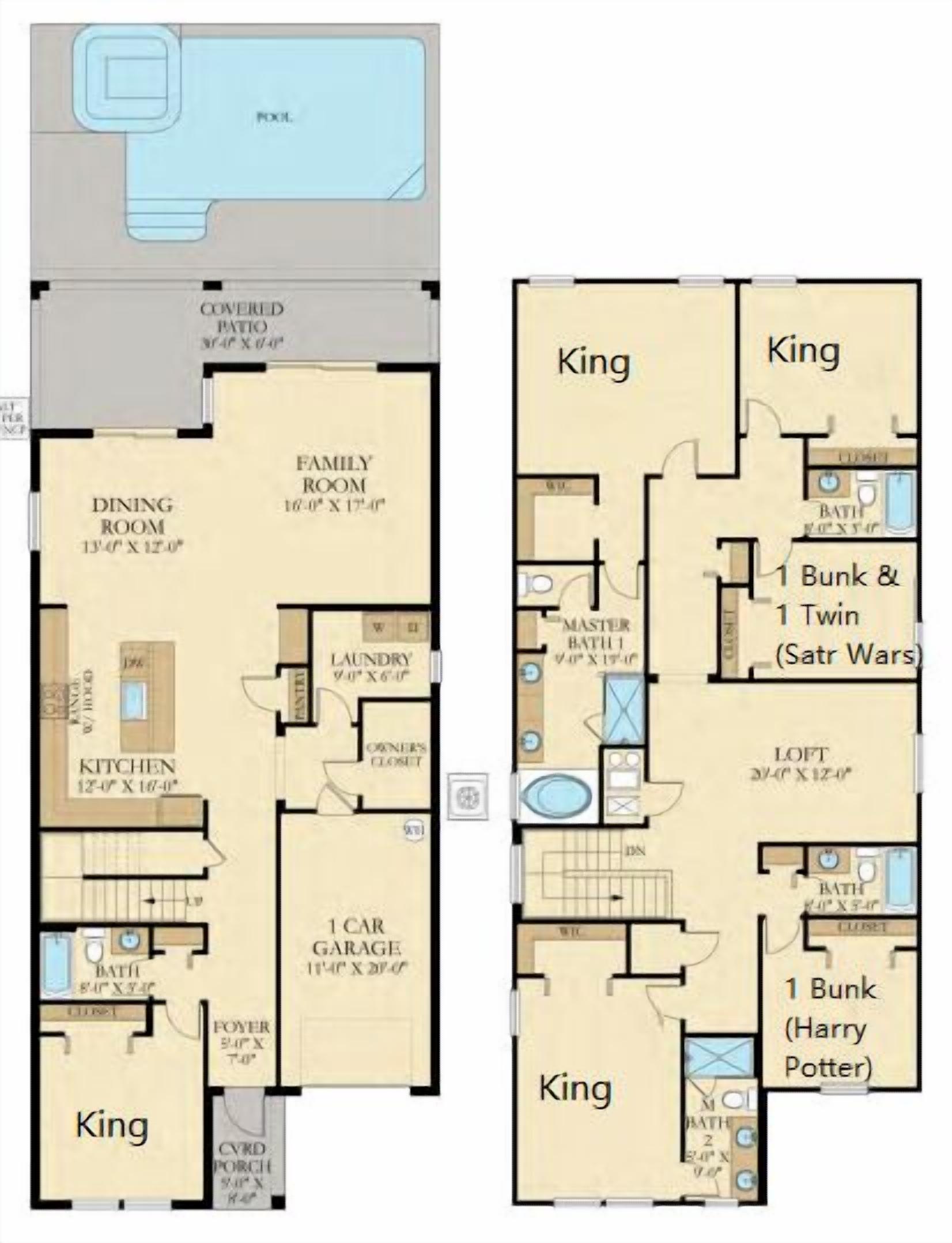 A floor plan of a house with two 'King' labeled bedrooms, a dining room, kitchen, covered patio, and a car garage.