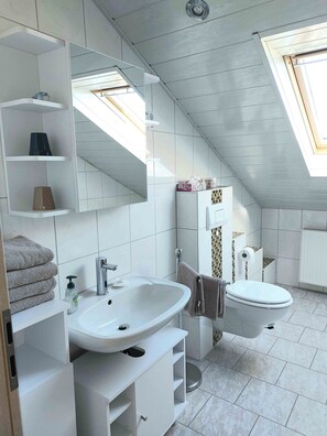 Dusche, Haartrockner, Handtücher, Seife