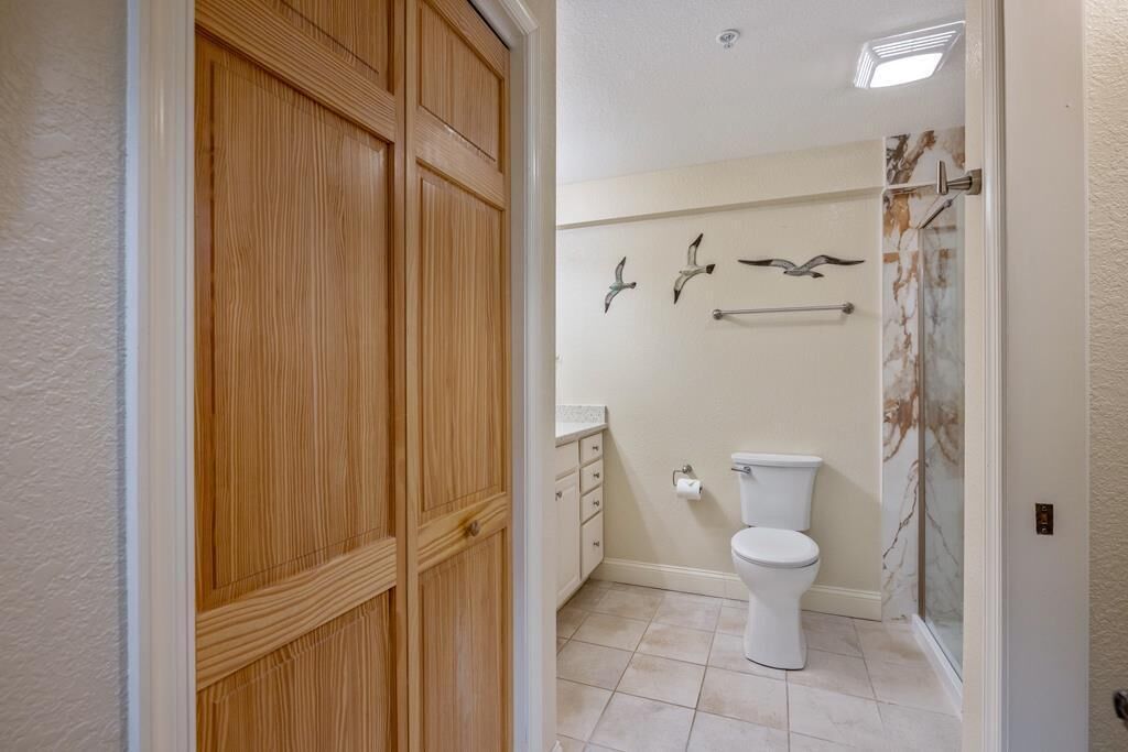 A bathroom with a toilet, a shower, and a wooden closet.