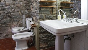 Une salle de bain avec un mur en pierre, des toilettes, un lavabo et un miroir.