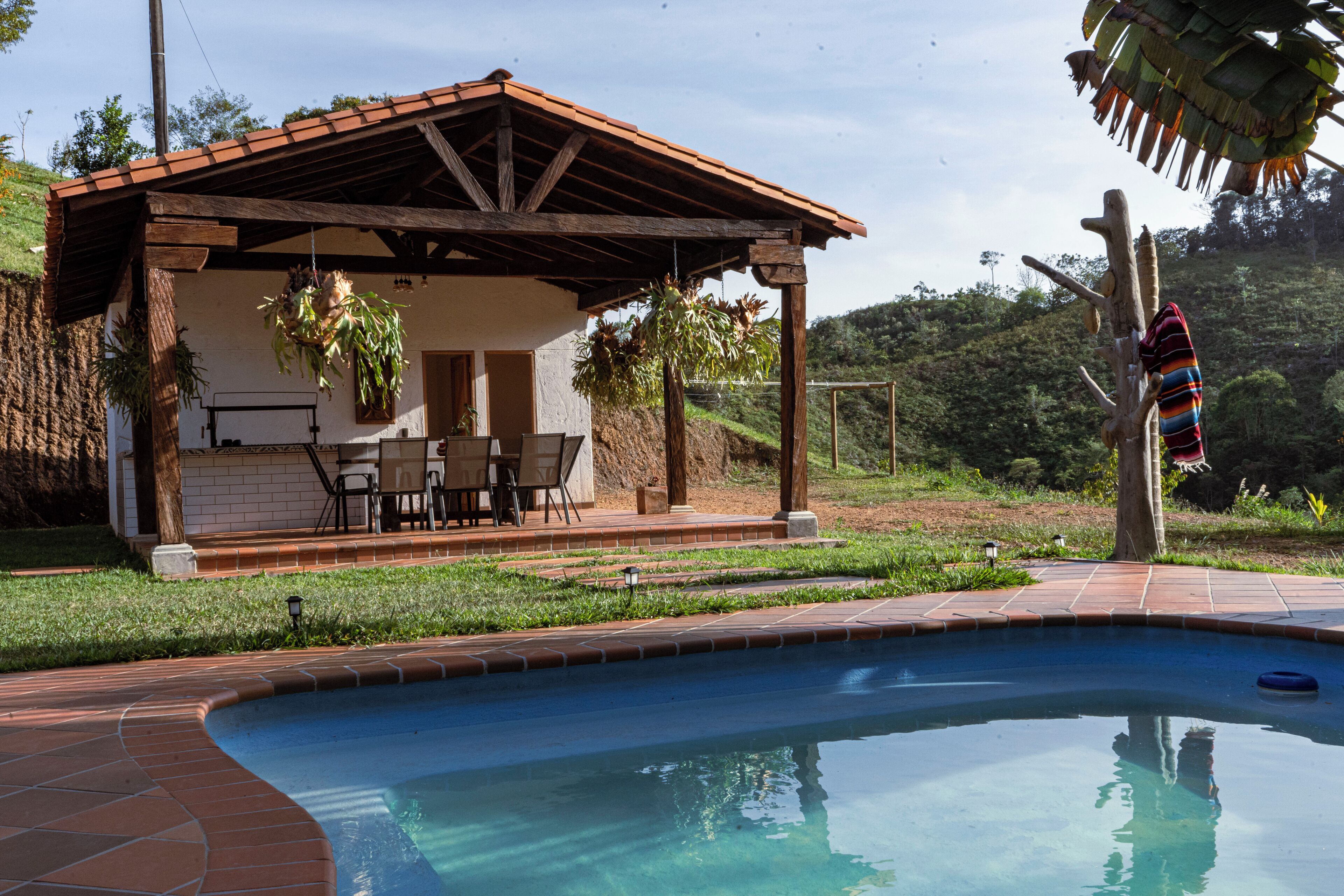 Una piscina al aire libre, sombrillas, sillones reclinables de piscina