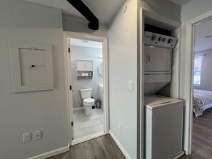 Hair dryer, towels, soap, shampoo