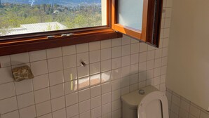 Un baño con vista panorámica a la ciudad y montañas.