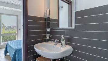 Shower, hair dryer, towels