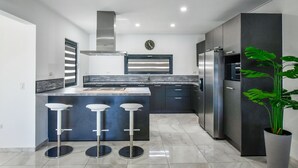 Una cocina moderna con una isla central, electrodomésticos de acero inoxidable y una planta grande en maceta.