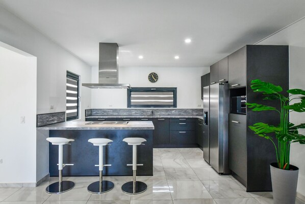 A modern kitchen with a central island, stainless steel appliances, and a large potted plant.