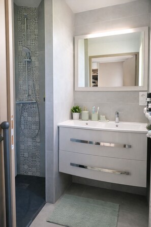 Douche, séchoir à cheveux, serviettes fournies, savon