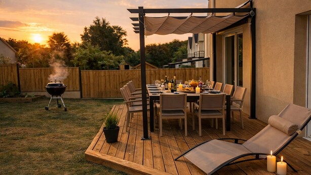 Un patio exterior con terraza de madera, una mesa lista para comer y una parrilla al fondo.
