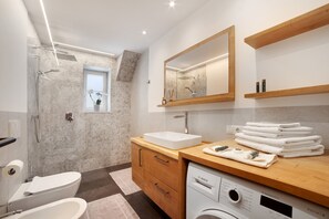 Shower, hair dryer, towels