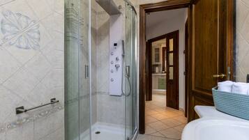 Regadera, secadora de cabello, toallas