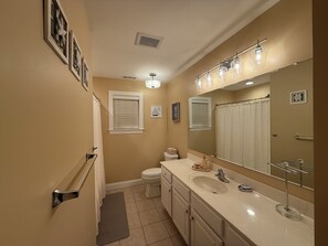 Shower, hair dryer, soap, toilet paper