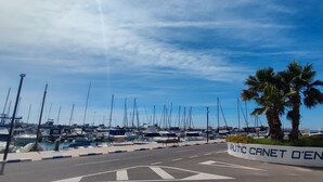 A marina with numerous boats docked, a palm tree, and a sign reading 'CANET OEN BERENGUER'.