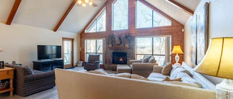 Smart TV, fireplace, books