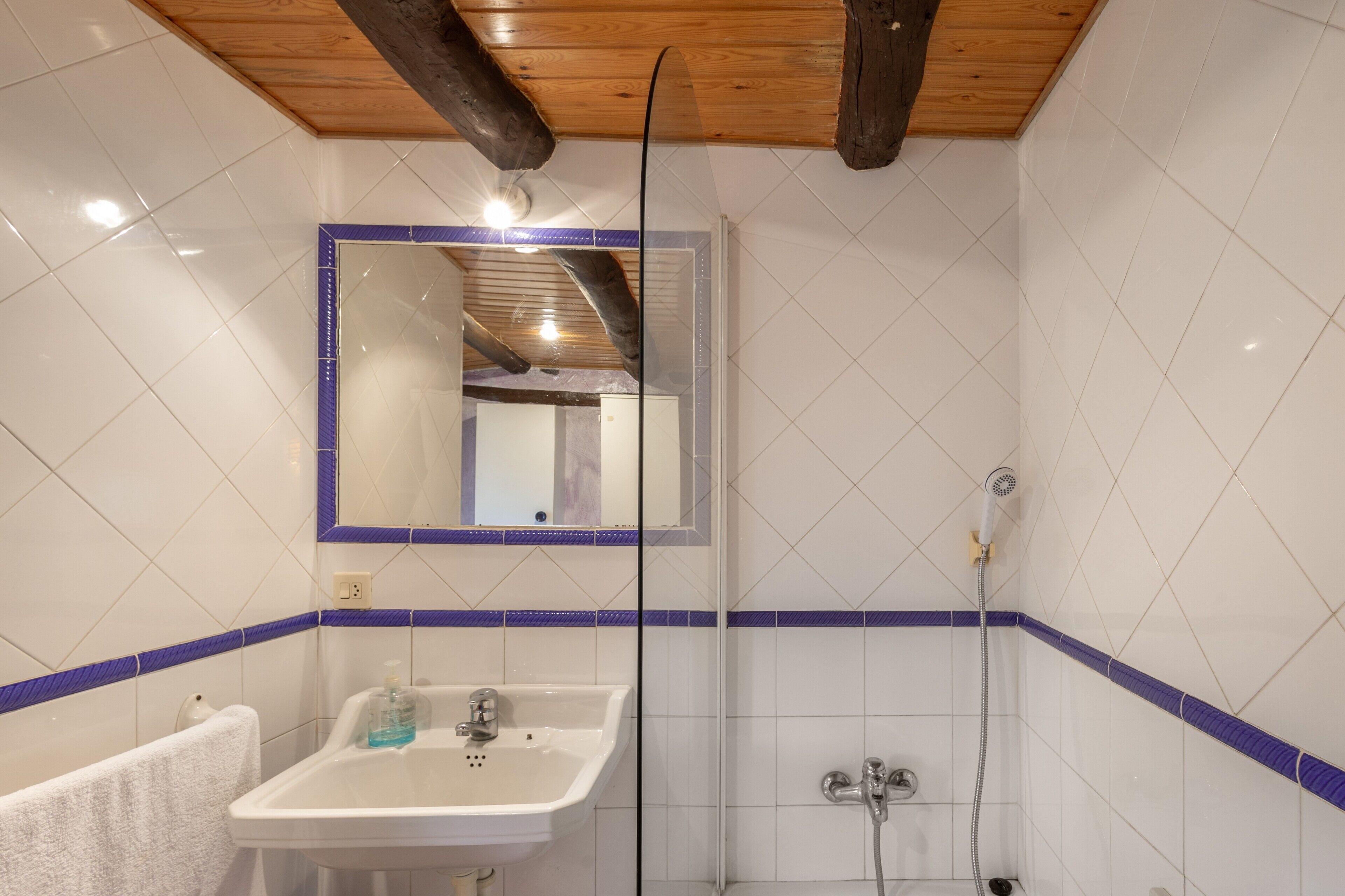 A bathroom with a white sink, mirror, and shower.