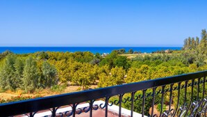 A balcony with a view of the sea and surrounding greenery.