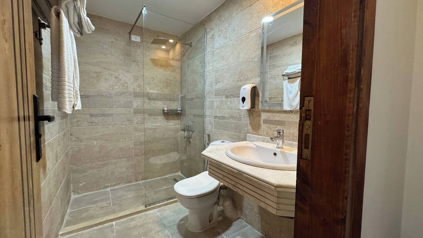Hair dryer, towels, soap, toilet paper