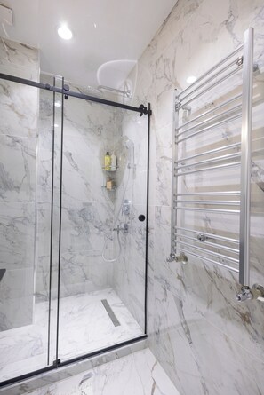 Regadera, secadora de cabello, toallas, jabón 