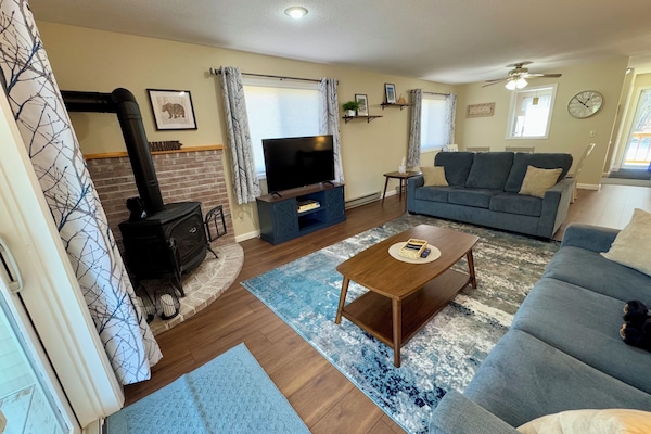 Living room. Queen sleeper sofa. 55" Roku 4K TV. Games and Puzzles. Gas stove