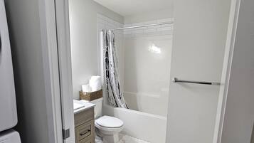 Hair dryer, towels, soap, shampoo