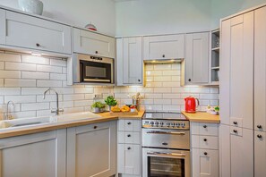 Fridge, oven, dishwasher, cookware/dishes/utensils