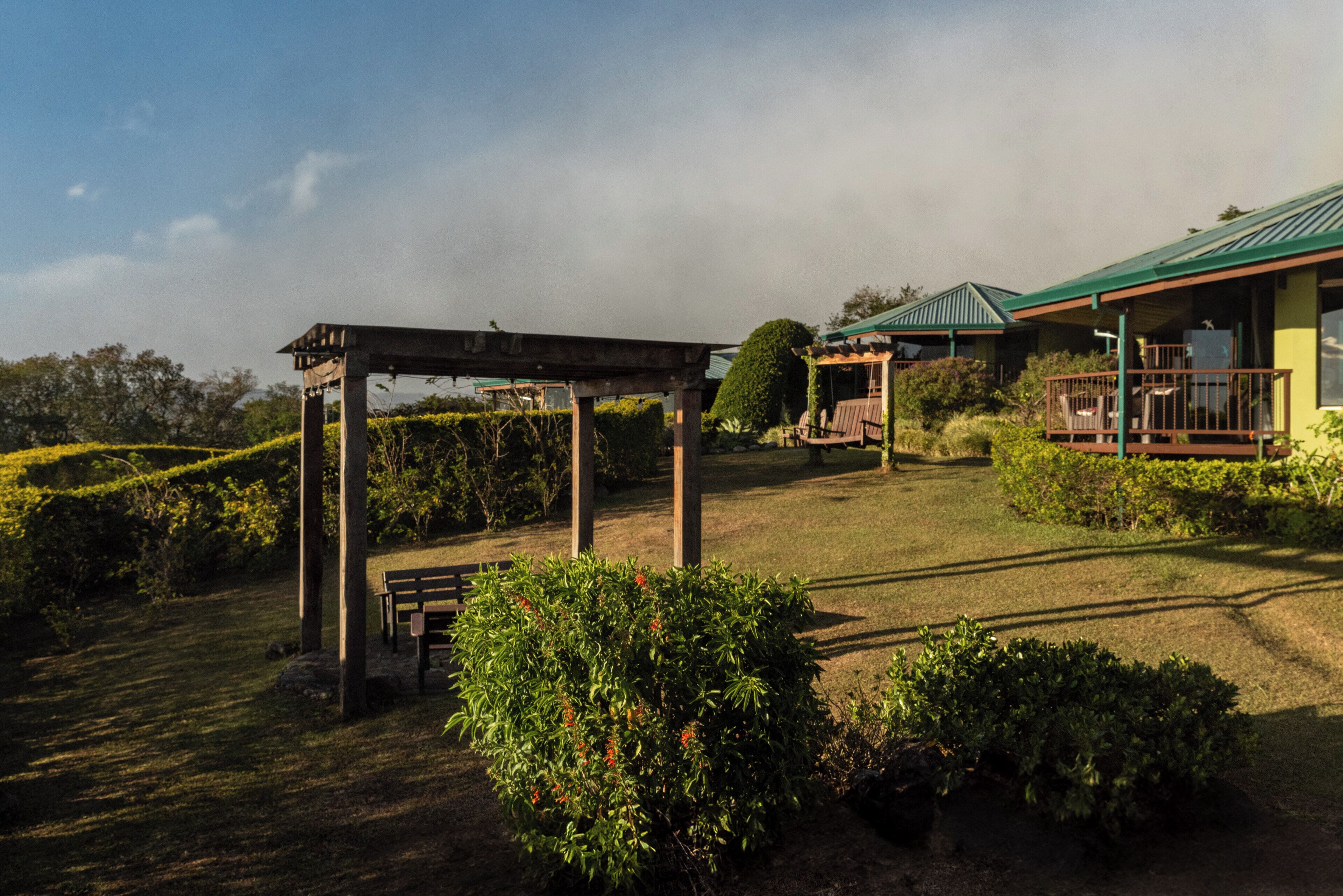 A garden area with a pergola, a bench, and a building with a green roof.