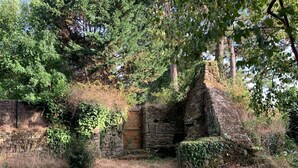 A stone structure with a wooden gate, surrounded by dense foliage and trees. - Two houses in a beautiful garden in Carnac, ideal for 2-3 families with children (Carnac)