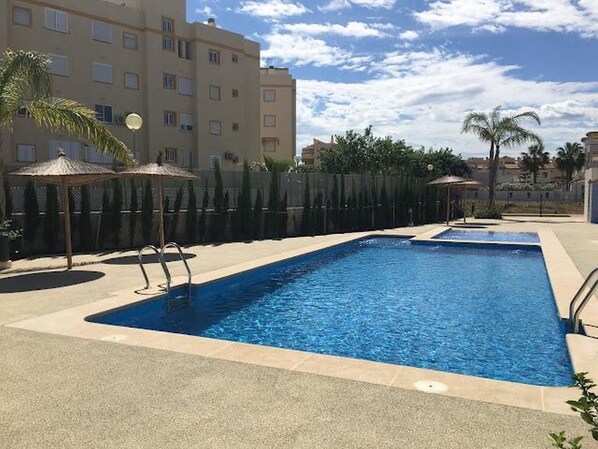 Ein rechteckiger Pool mit Sprungbrett, umgeben von einem Zaun und Palmen.