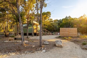 Exterior - Cedar • Modern Yurt‑Cabin w/ Hot Tub + Swings • Sleeps 4 (Canyon Lake)