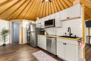 Fridge, microwave, oven, stovetop - Cedar • Modern Yurt‑Cabin w/ Hot Tub + Swings • Sleeps 4 (Canyon Lake)