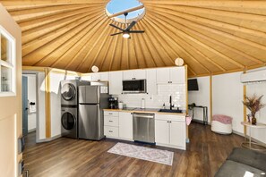 Fridge, microwave, oven, stovetop - Cedar • Modern Yurt‑Cabin w/ Hot Tub + Swings • Sleeps 4 (Canyon Lake)